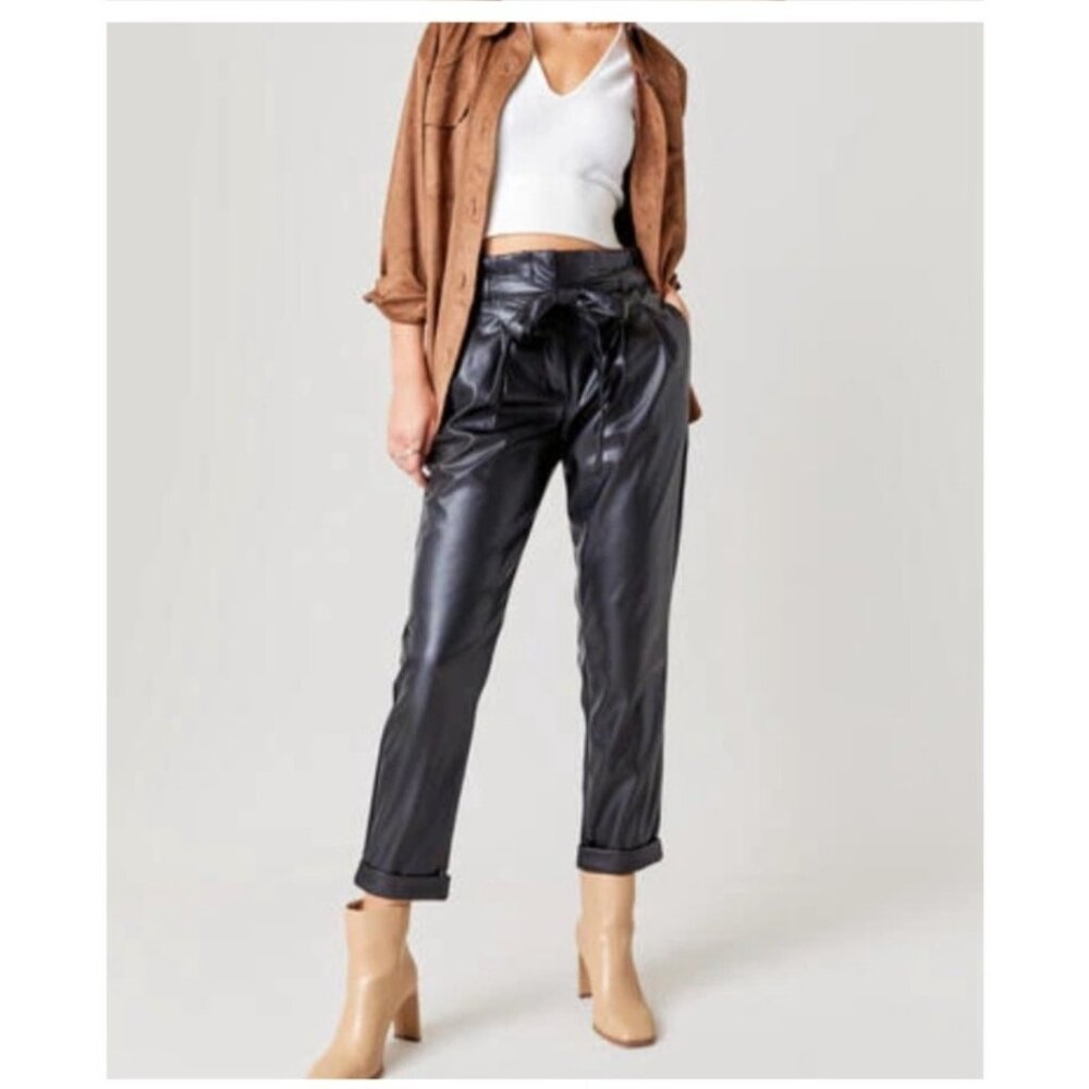 Black Faux Leather‎ Paperbag Tie-Waist Pants Size L By Mi Ami For Francescas NWT